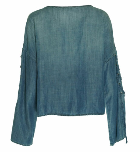 Bella Dahl Women's Lace Bell Sleeves Denim Top Denali Wash Blue Size Small