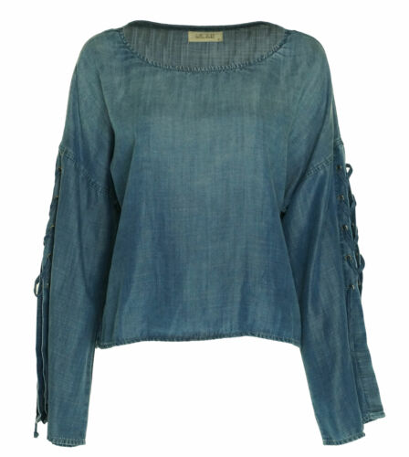 Bella Dahl Women's Lace Bell Sleeves Denim Top Denali Wash Blue Size Small